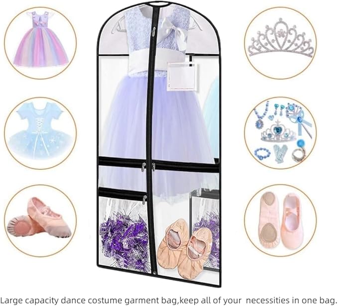 Clear Dance Costume Garment Bag, 39 Inch Garment Bag for Dance Competitions, Kids Hanging Clothes Cover for Girls Closet Storage with 3 Zippered Pockets (2 Pack, Clear)