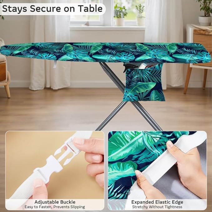 FIOBEE Ironing Board Cover and Pad Extra Thick Iron Board Pad with Heat-Resistant Mesh Padded Iron Board Covers Adjustable Buckle & Elastic Edges for 15x54 Standard Size Ironing Board, Green Leaf