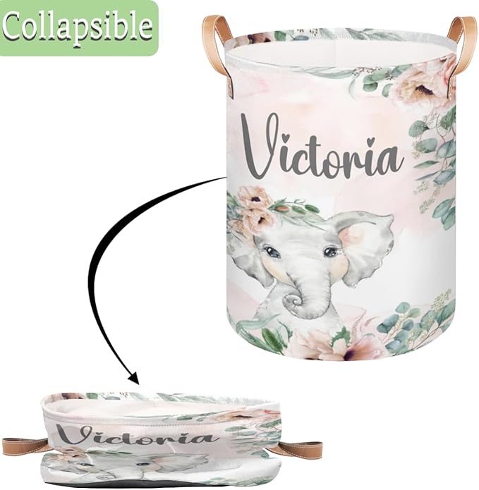 Personalized Laundry Basket, Custom Gift Laundry Hamper, Collapsible Nursery Waterproof Laundry Baskets, Dirty Clothes Toy Hamper with Handles Blush Floral Elephant