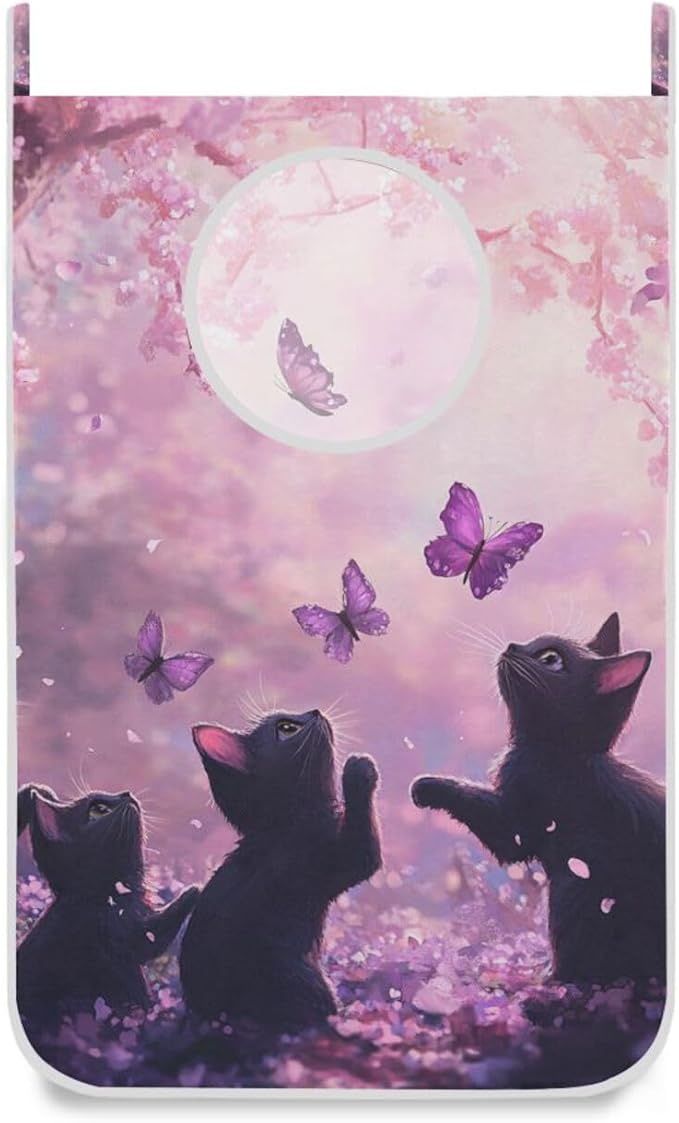Hanging Laundry Hamper with Stainless Steel Hooks,Oxford Fabric Printing Door Laundry Clothes Bag, 29.5X20inch 1PCS Cherry Blossom Black Cats and Butterfly