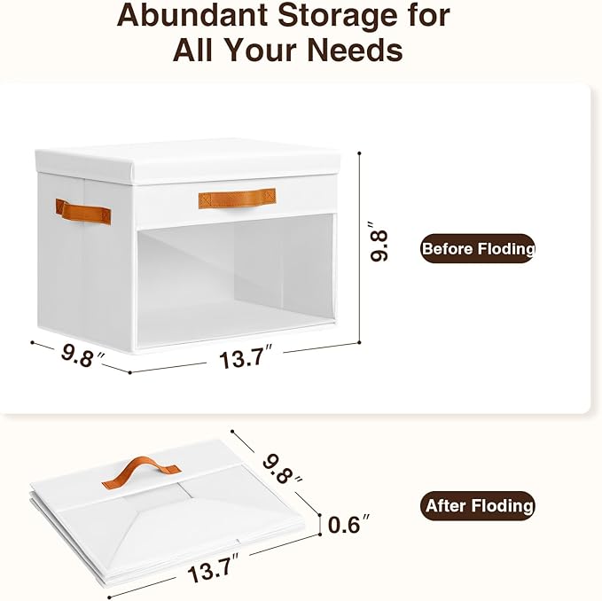 Large Storage Bins with Lids - 4 Pack Foldable Decorative Organizers with Clear Windows & Handles, Cube Storage Organizers for Clothes, Blankets, Sweaters, Sheets, White