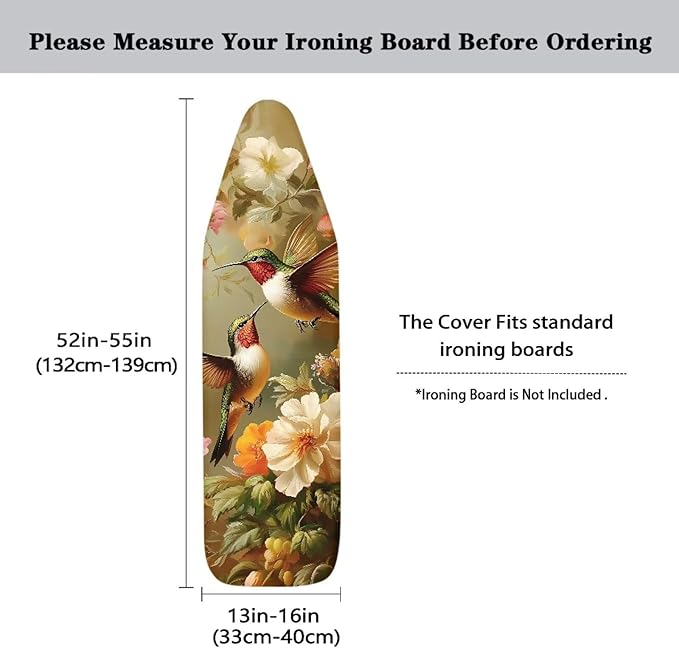 Hummingbird Floral Ironing Board Cover Heat Resistance and Resist Scorching Iron Board Covers Modern Art Decorations Standard Size 15×54 Inch with Elastic Fastener Straps