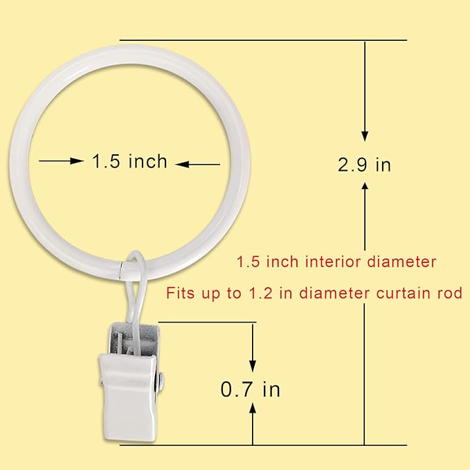 40 Pack White Curtain Rings with Clips, Curtain Hooks Hangers Clip Rings for Hanging Drapes Bows Hat, Drapery Rings 1.5 in I D, Fits up to 1.2 in Diameter Curtain Rod.