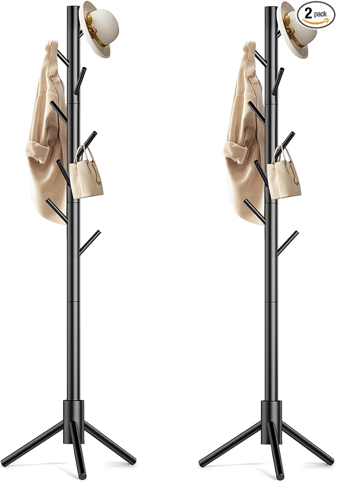Wooden Coat Rack Stand, Freestanding Coat Rack with 8 Hooks, 3 Adjustable Size Coat Tree for Hats, Coats, Scarves bags, Coat Hanger Stand Used in Bedroom/Office/Entryway,2 PCS (Black)