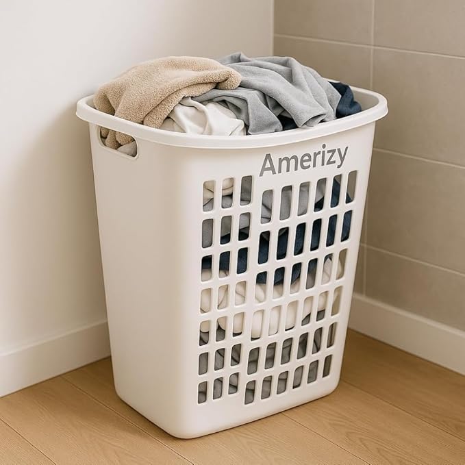 Large White Plastic Laundry Hamper – Rectangular Open Top Clothes Basket with Ventilation, Lightweight Durable Bin for Bedroom, Bathroom, Closet or Dorm Us