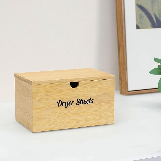 Bamboo Dryer Sheet Holder with Lid, Dryer Sheet Container for Laundry Room, Laundry Sheets Dispenser Box, Storage Organization for Fabric Softener Sheets