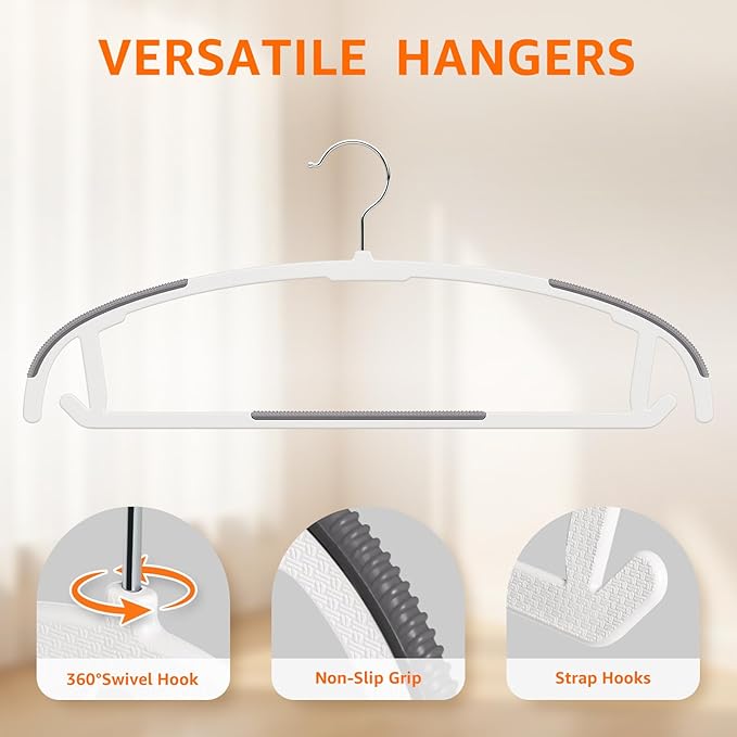 Yolife Plastic Clothes Hangers 50 Pack with Non-Slip Pads, 17.5" L × 8.3" H Heavy Duty Hanger with 360° Swivel Metal Hook, Slim Space Saving Hangers for Closet Organizer, White & Gray