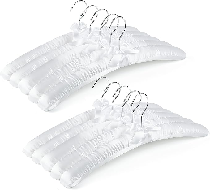 Amber Home 10 Pack 17 Inch Large White Satin Padded Hangers for Women Clothing, Anti Slip Cushioned Hangers for Sweaters, Wedding, Delicate Cashmere