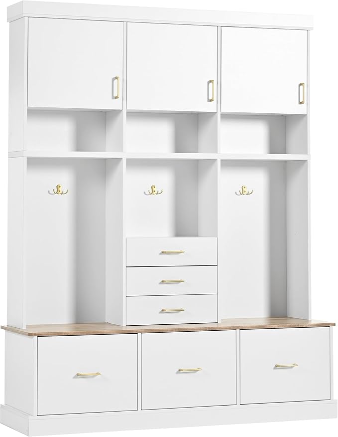 Modern 58'' Wide Hall Tree with Bench and Storage, 5-in-1 Wood Hall Tree with Coat Rack, 6 Drawers, 3 Cabinets and 3-Tier Top Storage for Hallway, Entryway, Living Room, Mudroom (White-10.15)
