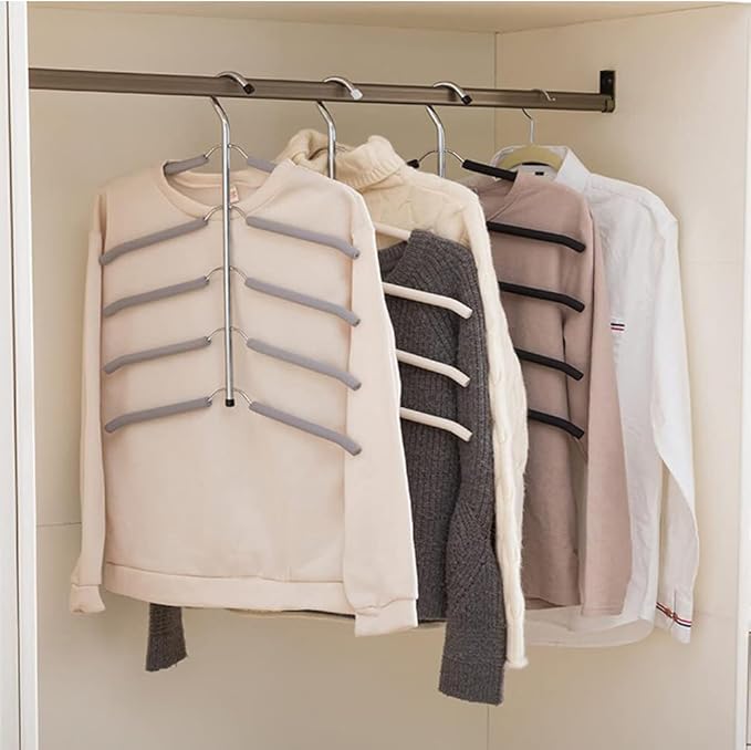 2 Pack 5 in 1 Metal Sweater Hangers Non Slip Stainless Steel Shirt Hangers Multi Layers Wardrobe Clothes Rack Heavy Duty Metal Space Saver Shirt Blouse Hanger Closet Storage Organizer