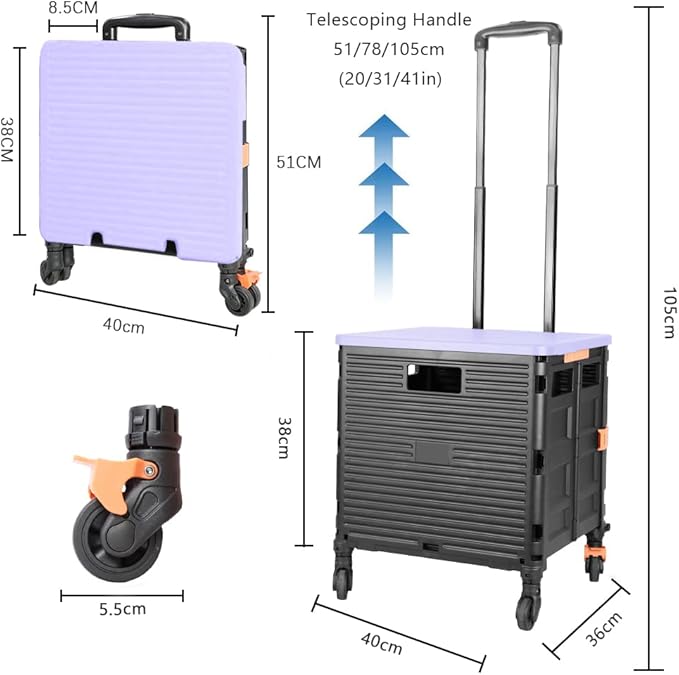 FELICON SELORSS Foldable Utility Cart Folding Portable Rolling Crate Handcart with Heavy Duty Telescoping Handle Collapsible 4 Rotate Wheels for Travel Shopping Move Luggage Office Use(Black+Purple)