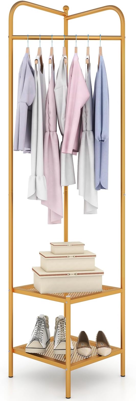 Tangkula Corner Coat Rack with Storage, Simple Hall Tree with Hanging Rod & 2 Mesh Shelves, Anti-toppling Devices, Freestanding Metal Clothes Rack Shoes Shelf Organizer for Entryway Bedroom (Golden)
