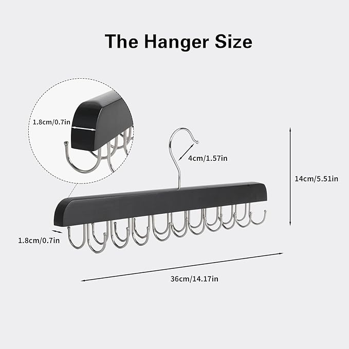 Bra Hanger for Closet Organizer, Wooden Tank Top Hangers with 20 Foldable Hooks, 360° Rotating Design, Space Saving Storage for Tank Tops, Bras, Scarves, Belts, Ties etc (2, Black)