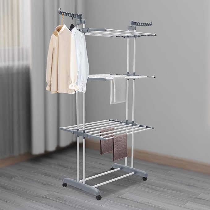 Clothes Drying Rack, 4-Tier Foldable Stainless Steel Drying Rack, Movable Drying Rack with 4 castors, for Balcony, Patio, Indoor Outdoor Use
