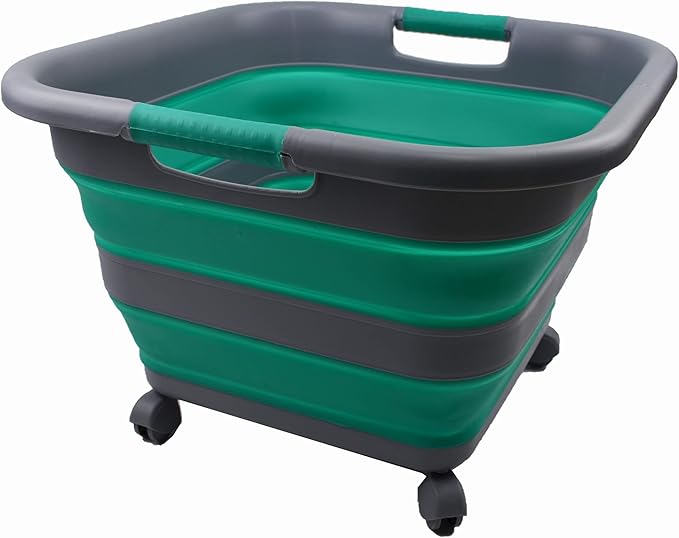 SAMMART Collapsible Plastic Laundry Basket with Wheels 39L (10.3 Gallons) -Foldable Pop Up Storage Container for Laundry, Camping & Home (1, Dark Grey/Bluish-Green)