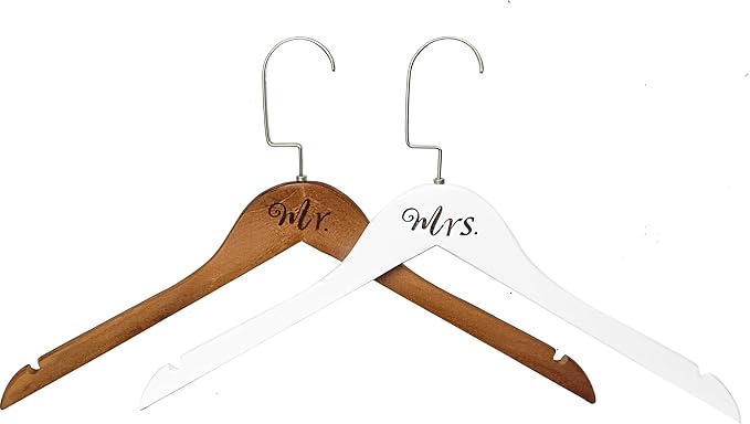 Mr. and Mrs. Wooden Bride Hanger, Wedding Dress Hangers, Set of 2 (White + Vintage)