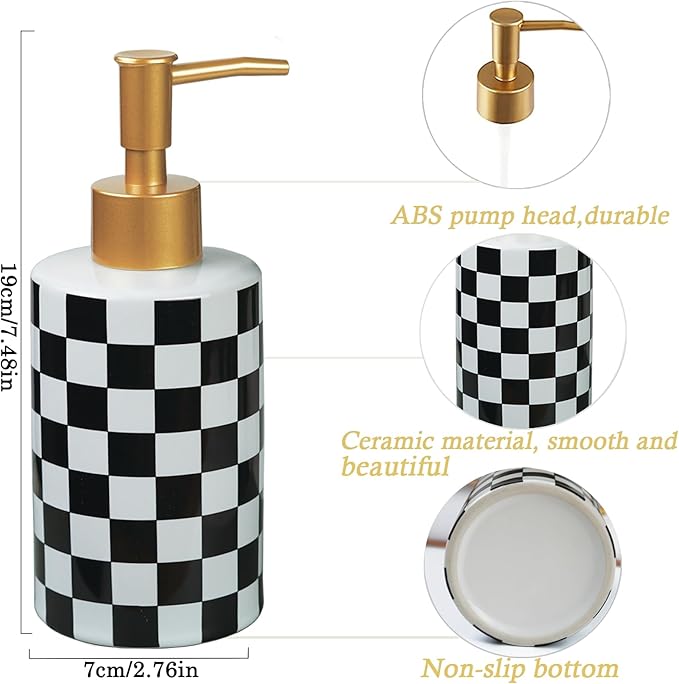 Checkered Ceramic Soap Dispenser White and Black,Liquid Lotion Dish Hand Checkerboard Soap Dispenser Bottle with Golded Pump Plastic for Kitchen,Bathroom,Washroom
