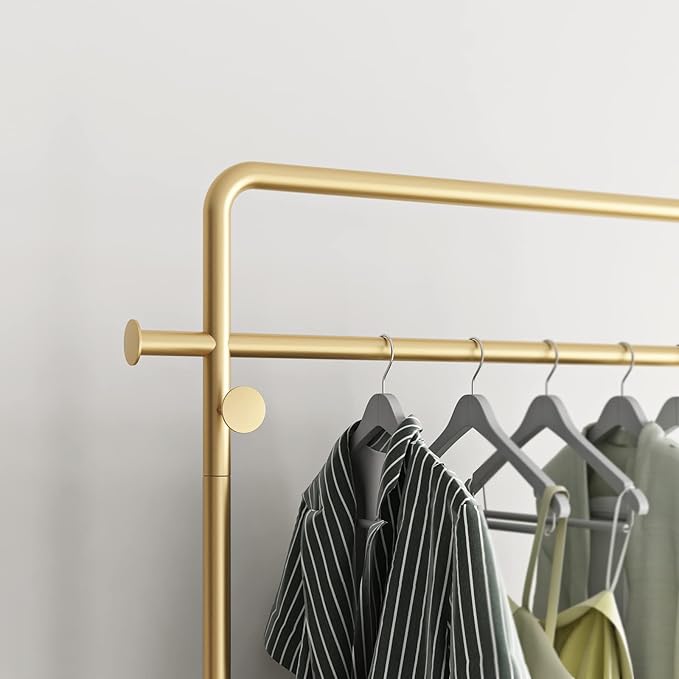 TIEOU Gold Clothing Racks with Shelf, Heavy Duty Gold Clothes Racks for Boutiques, Free-Standing Metal Garment Rack for Hanging Clothes, Modern Coat Rack Entryway