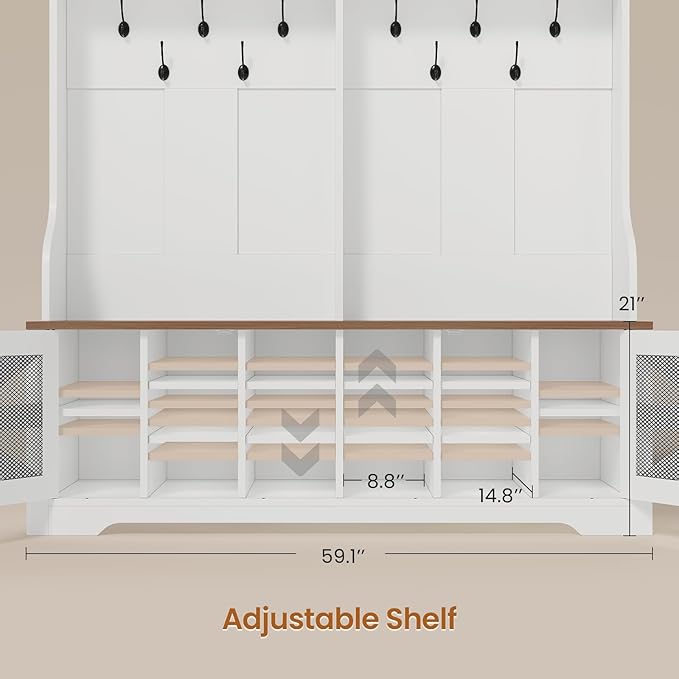 Itaar Hall Tree with Bench and Shoe Storage, 5-in-1 Entryway Bench with Coat Rack, 16 Shoe Cubbies & 12 Coat Hooks, Barn Door & Adjustable Shelf (White)