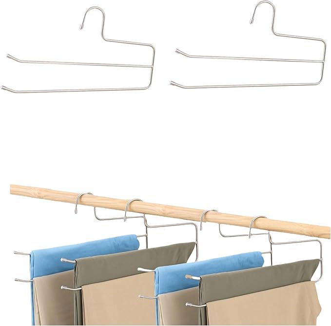 Pants Hangers Space Saving 6 Pack 2 Layers Trouser Hanger Multifunctional 5.0 mm Stainless Steel Jeans Rack for Wardrobe Heavy Trousers Scarf Jeans Silver
