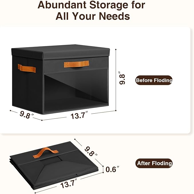 Large Storage Bins with Lids - 4 Pack Foldable Decorative Organizers with Clear Windows & Handles, Cube Storage Organizers for Clothes, Blankets, Sweaters, Sheets, Black