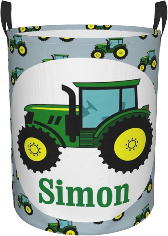 Green Farm Tractor Tractor Customized Laundry Basket Clothes Hamper with Name Collapsible Waterproof Large Capacity Organizer Storage for Living Room.