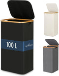 Fine Living 100L Large Laundry Hamper with Lid, Narrow Foldable Slim Laundry Basket with Bamboo Handles, Skinny Tall Dirty Clothes Hamper for Dorm, Bathroom & Bedroom, Black