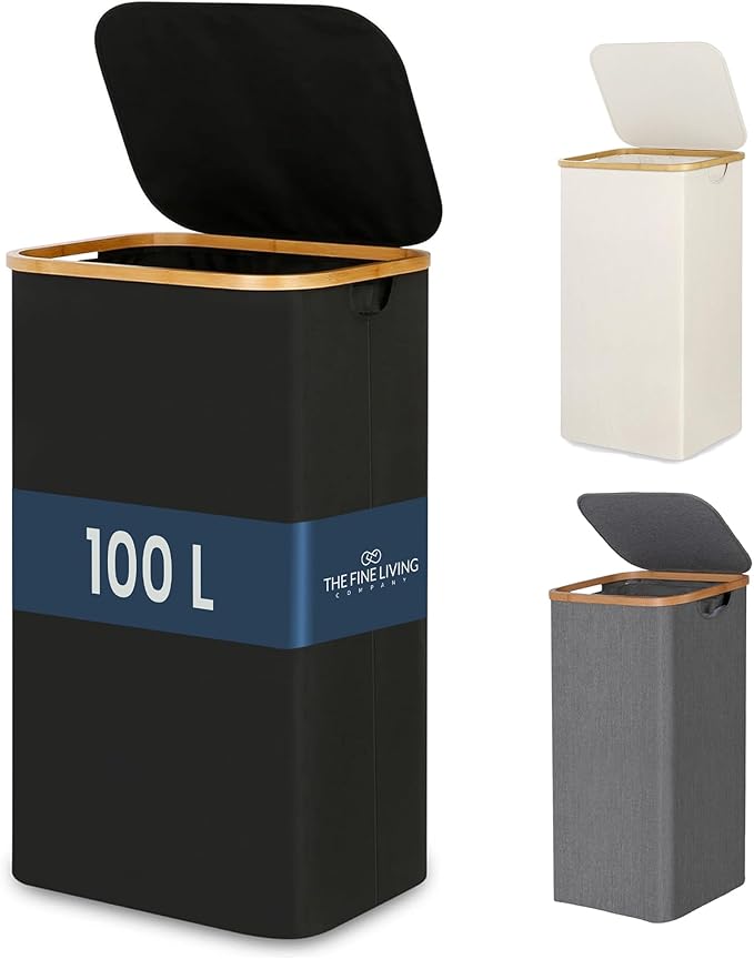 Fine Living 100L Large Laundry Hamper with Lid, Narrow Foldable Slim Laundry Basket with Bamboo Handles, Skinny Tall Dirty Clothes Hamper for Dorm, Bathroom & Bedroom, Black