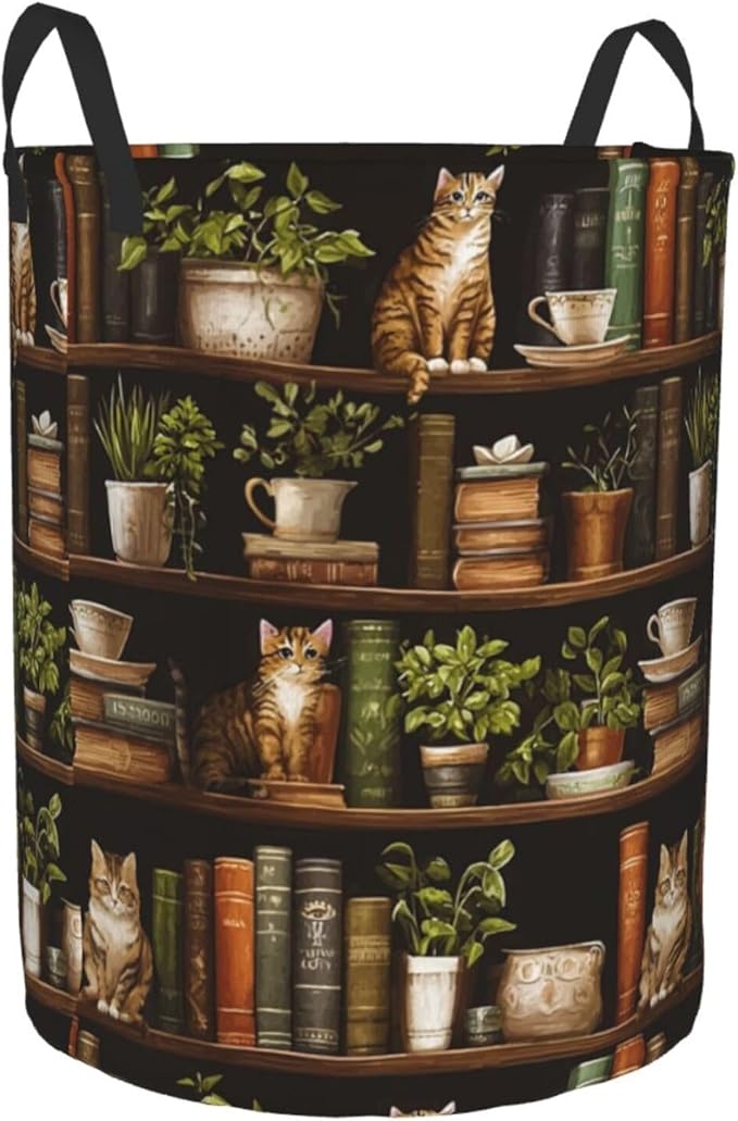 Wooden Bookshelf Cat Laundry Basket Storage Bin Foldable Laundry Hamper Clothes Storage Bucket Organizer 19.6x15.7 Inch For Laundry Room/Bedroom/Bathroom