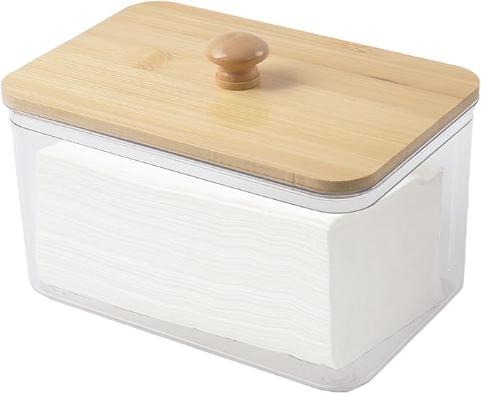 Klmnop Acrylic Dryer Sheet Holder with Bamboo Lid, Laundry Dryer Sheet Dispenser and Container with 24 Labels for Laundry Room(Clear)