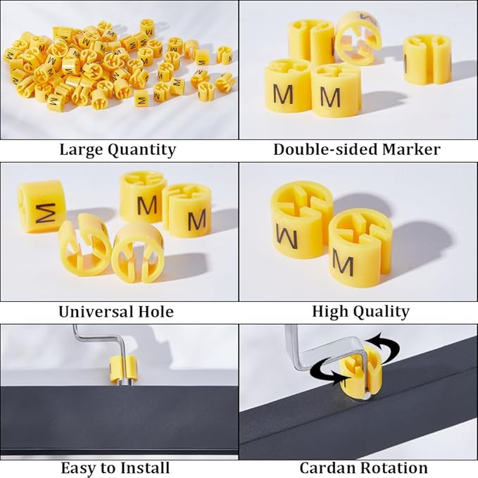 CRASPIRE 250Pcs Yellow Hanger Size Markers Size M Plastic Color Tags Clothes Hanger Size Markers Color-Coding Garment Markers Code Clip for Wire Hangers Clothing Pants