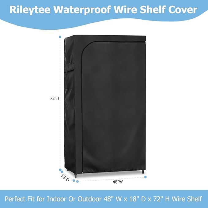 Rileytee Wire Shelf Cover,Heavy Duty 600D Dustproof Waterproof Shelf Covers for Wire Shelving,Outdoor Storage Rack Cover for Wire Rack with Zipper,Black,48"W x 18"D x 72"H