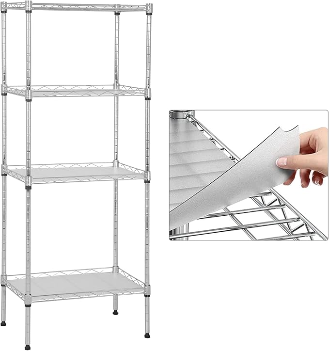 YRLLENSDAN Wire Shelving Unit with PP Liners, 4 Tier Metal Storage Shelves for Laundry Room Organization, Closet Shelf Organizer, Kitchen Rack, Garage Storage, Chrome, 18" x 12" x 44" ﻿