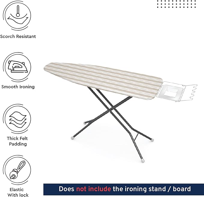 Encasa XO Ironing Board Cover and Pad 49"x18" - 4mm Felt Wide Iron Board Cover with Padding, Stain-Safe Dye, Non Slip, Elastic Bungee Cord Tightening, Heat Resistant Franca Beige Stripes