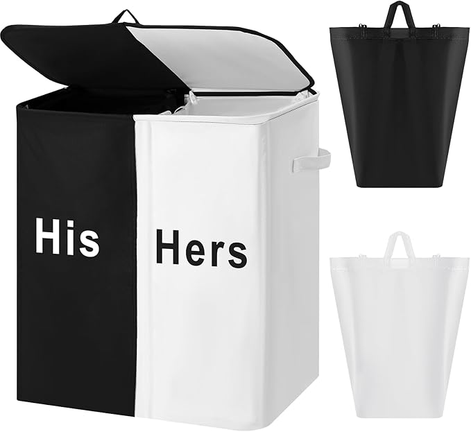 154L Large Double Laundry Hamper with Lid and Removable Bags Laundry Basket 2 Section Collapsible Dirty Clothes Hamper for Bathroom Bedroom for Husband&Wife Parents or Couple(His Hers)