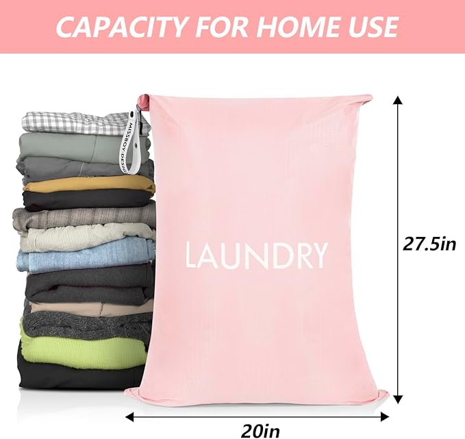 MissBoy Laundry Bag, Heavy Duty Nylon Washable Laundry Bags with Zipper, 50L Dirty Clothes Travel Bag for Girls, Laundry Accessory for College & Dorm, Pink