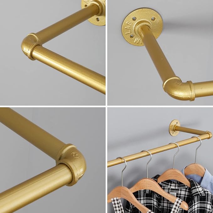Industrial Pipe Clothing Rack Wall Mounted,Vintage Retail Garment Rack Display Rack Cloths Rack,Metal Commercial Clothes Racks for Hanging Clothes,Iron Clothing Rod Laundry Room (Gold, 31in)
