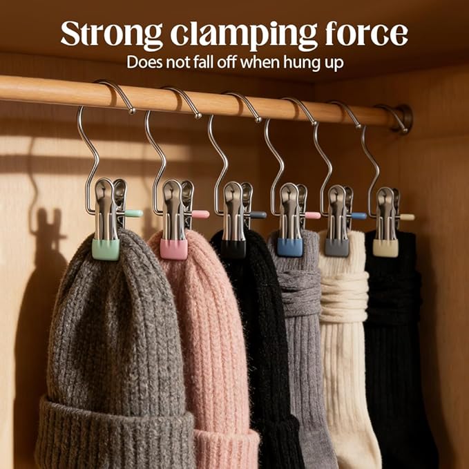 50 Pcs Heavy Hanger Clips for Closet, Multi Functional Clips with Hook for Hanging Clothespin, Hook Hangers with Clips for Clothes Pants Hats Socks and Boots (Black)