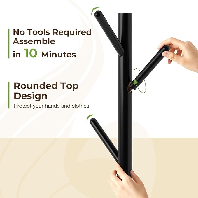 GREENSTELL Coat Rack with 8 Hooks, Wooden Coat Rack Freestanding with Shelf, Coat Tree with 4 Height Options 50.5"-72.6", Coat Hanger Stand for Bags, Clothes, Umbrellas, Hats, in Home, Black