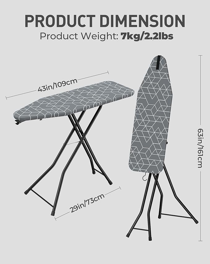 LyriFine Ironing Board, 2-in-1 Flat and Hanging Board, Sturdy Steel Frame Iron Board with Non-Slip Feet, Heat Resistant Cover Iron Board, Foldable Ironing Board Full Size with Hook, 14″ x 43″ Gray