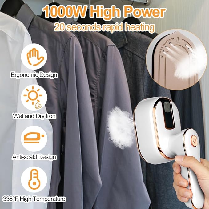 AUAUY Mini Steam Iron, 1000W Portable Handheld Travel Steam Iron, 180° Rotating Handle Converts Iron into Handheld Steamer, 15s Fast Heat Up, 2-in-1 Foldable Steamer Iron for Home and Travel