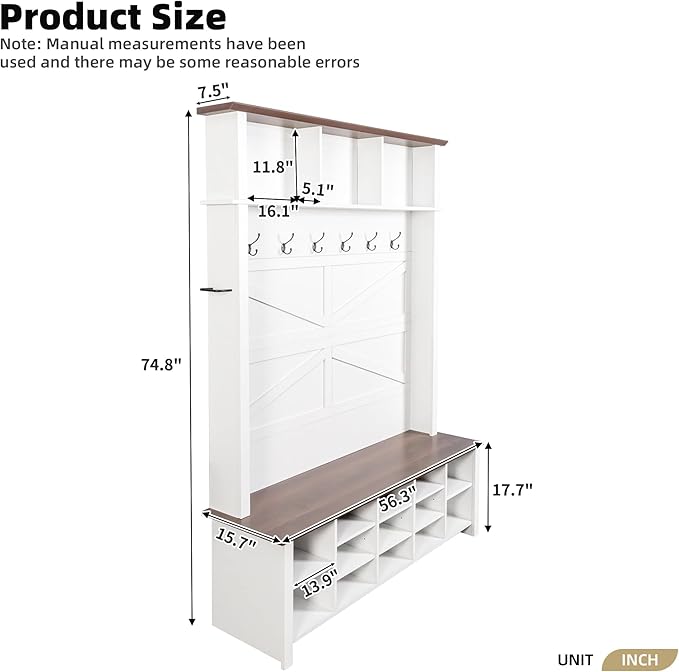 Versatile 4-in-1 Hall Tree with 6 Hooks, Practical Walnut Entryway Bench with Adjustable Shelves, Wood Coat Rack Shoe Cabinet with 16 Open Compartments for Entrance Hallway (White-3.2)