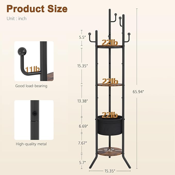 Hoctieon Coat Rack Freestanding, Round Coat Rack with 3 Wooden Shelves and 1 Fabric Basket, Metal Clothes Tree with 5 Hooks, Coat Hanger Stand for Clothes, Hats, Bags, Brown and Black