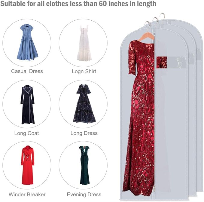 60-Inch Extra Long Garment Bags (3-Pack) - Heavy-Duty PEVA Suit & Dress Covers with Metal Zipper, Clear Window, Foldable for Closet & Travel Storage