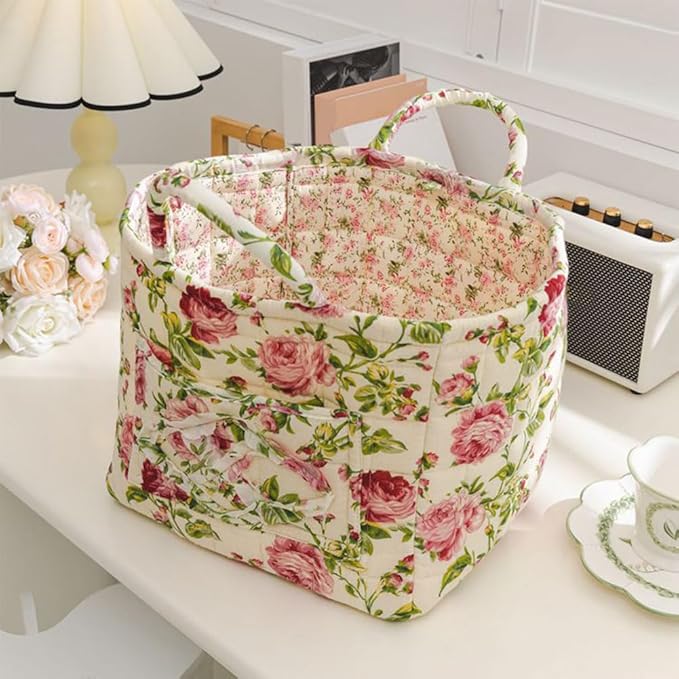 Quilted Fabric Basket Car Storage Basket Boho Floral Laundry Hamper for Nursery Bedroom & Living Room | Organize Clothes Toys