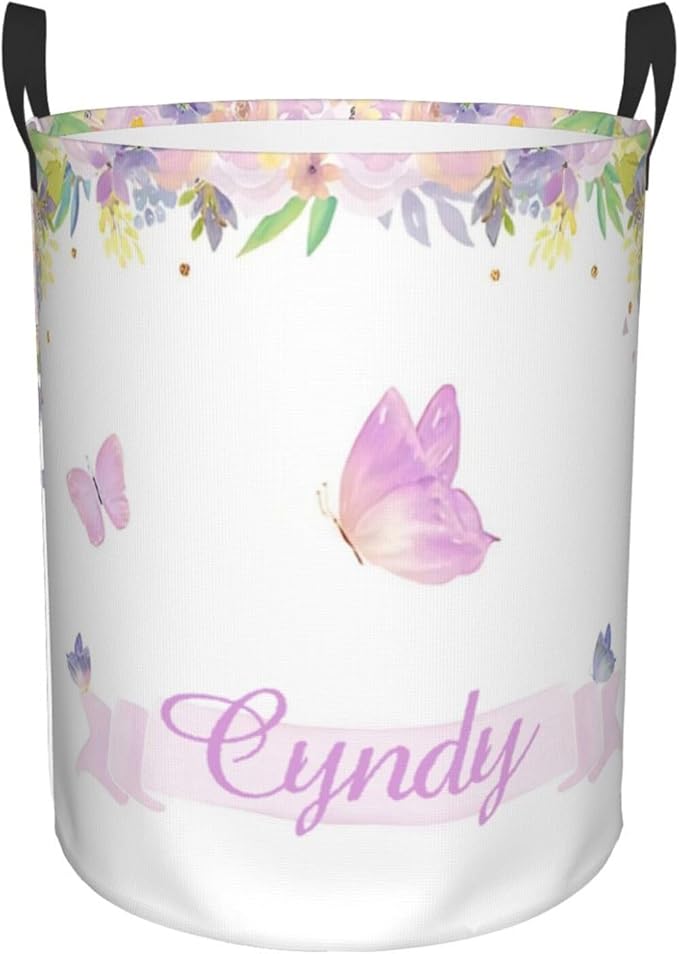Personalized Laundry Basket for Nursery, Custom Nursery Laundry Hamper with Name, Customize Baby Clothes Circular Hamper for Boys Girls Room Decor, Butterfly Floral