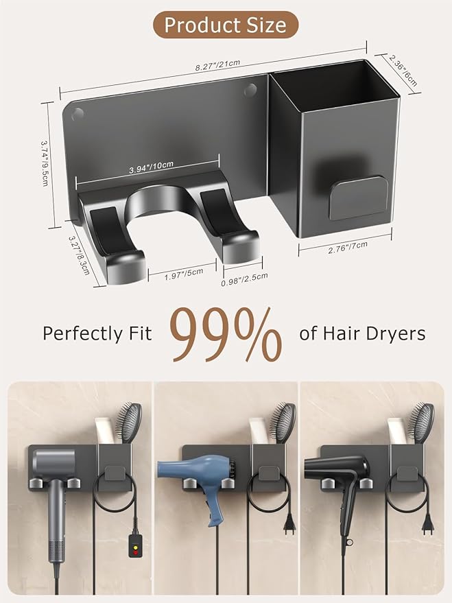 Hair Dryer Holder Wall Mounted with Tool Organizer, Blow Dryer Holder Compatible With Dyson/Shark, Hair Dryer Hanger Adhesive/Screw Mount for Bathroom, Vanity, Bedroom - Mg-Al Alloy, Gray