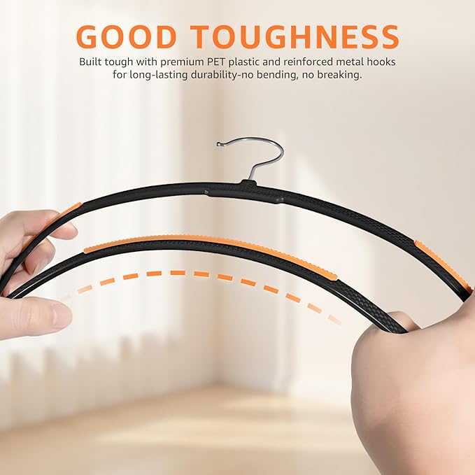 Yolife Plastic Clothes Hangers 50 Pack with Non-Slip Pads, 17.5" L × 8.3" H Heavy Duty Hanger with 360° Swivel Metal Hook, Slim Space Saving Hangers for Closet Organizer, Black & Orange