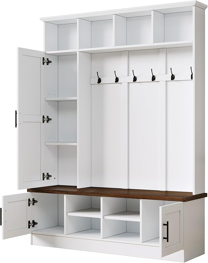 Versatile 3-in-1 Hall Tree, 55" W Modern Entryway Coat Rack with Multiple Storage Space, 6 Hooks, Farmhouse Walnut Storage Bench with Adjustable Shelves for Mudroom, Living Room