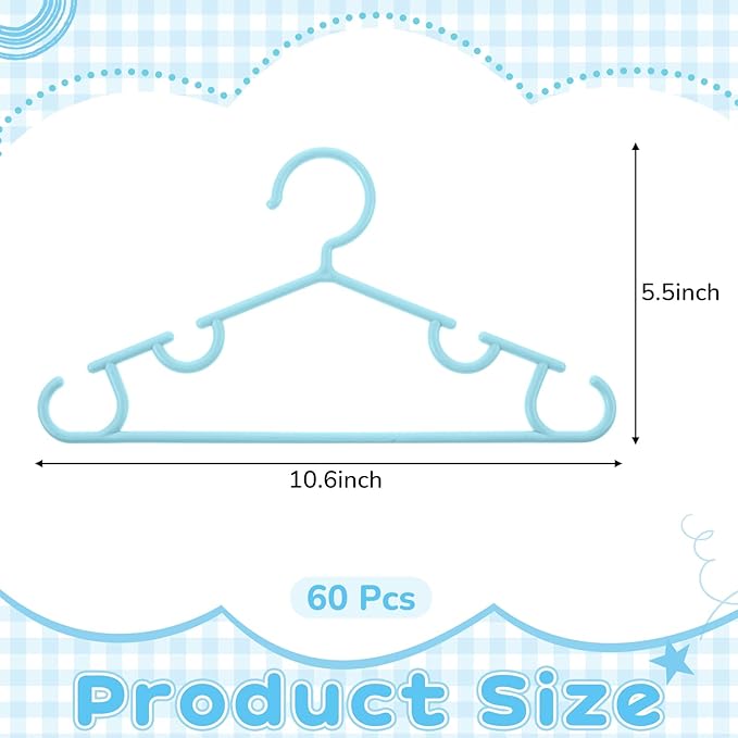 Hsei 60 Pack Pastel Color Kids Nursery Hangers Plastic Baby Hangers Heavy Duty Toddler Hanger for Pants, Coat, Skirts, Closet, Nursery Decor(Blue Color)